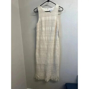 NWT London Times Cream Crochet Woven Knit Sleeveless Maxi Fringe Dress Size 8